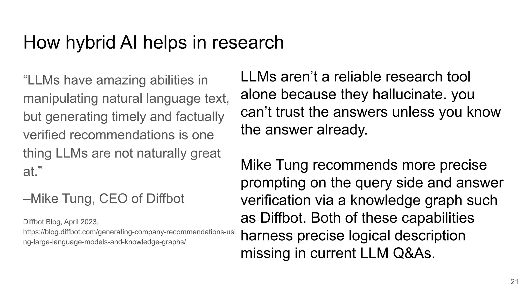 21
How hybrid AI helps in research
“LLMs have amazing abilities in
manipulating natural language text,
but generating timely and factually
verified recommendations is one
thing LLMs are not naturally great
at.”
–Mike Tung, CEO of Diffbot
Diffbot Blog, April 2023,
https://blog.diffbot.com/generating-company-recommendations-usi
ng-large-language-models-and-knowledge-graphs/
LLMs aren’t a reliable research tool
alone because they hallucinate. you
can’t trust the answers unless you know
the answer already.
Mike Tung recommends more precise
prompting on the query side and answer
verification via a knowledge graph such
as Diffbot. Both of these capabilities
harness precise logical description
missing in current LLM Q&As.
 