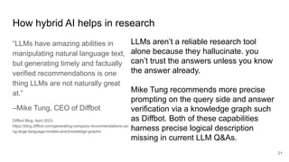 21
How hybrid AI helps in research
“LLMs have amazing abilities in
manipulating natural language text,
but generating timely and factually
verified recommendations is one
thing LLMs are not naturally great
at.”
–Mike Tung, CEO of Diffbot
Diffbot Blog, April 2023,
https://blog.diffbot.com/generating-company-recommendations-usi
ng-large-language-models-and-knowledge-graphs/
LLMs aren’t a reliable research tool
alone because they hallucinate. you
can’t trust the answers unless you know
the answer already.
Mike Tung recommends more precise
prompting on the query side and answer
verification via a knowledge graph such
as Diffbot. Both of these capabilities
harness precise logical description
missing in current LLM Q&As.
 