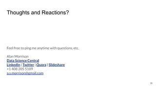 Thoughts and Reactions?
Feel free to ping me anytime with questions, etc.
Alan Morrison
Data Science Central
LinkedIn | Twitter | Quora | Slideshare
+1 408 205 5109
a.s.morrison@gmail.com
36
 