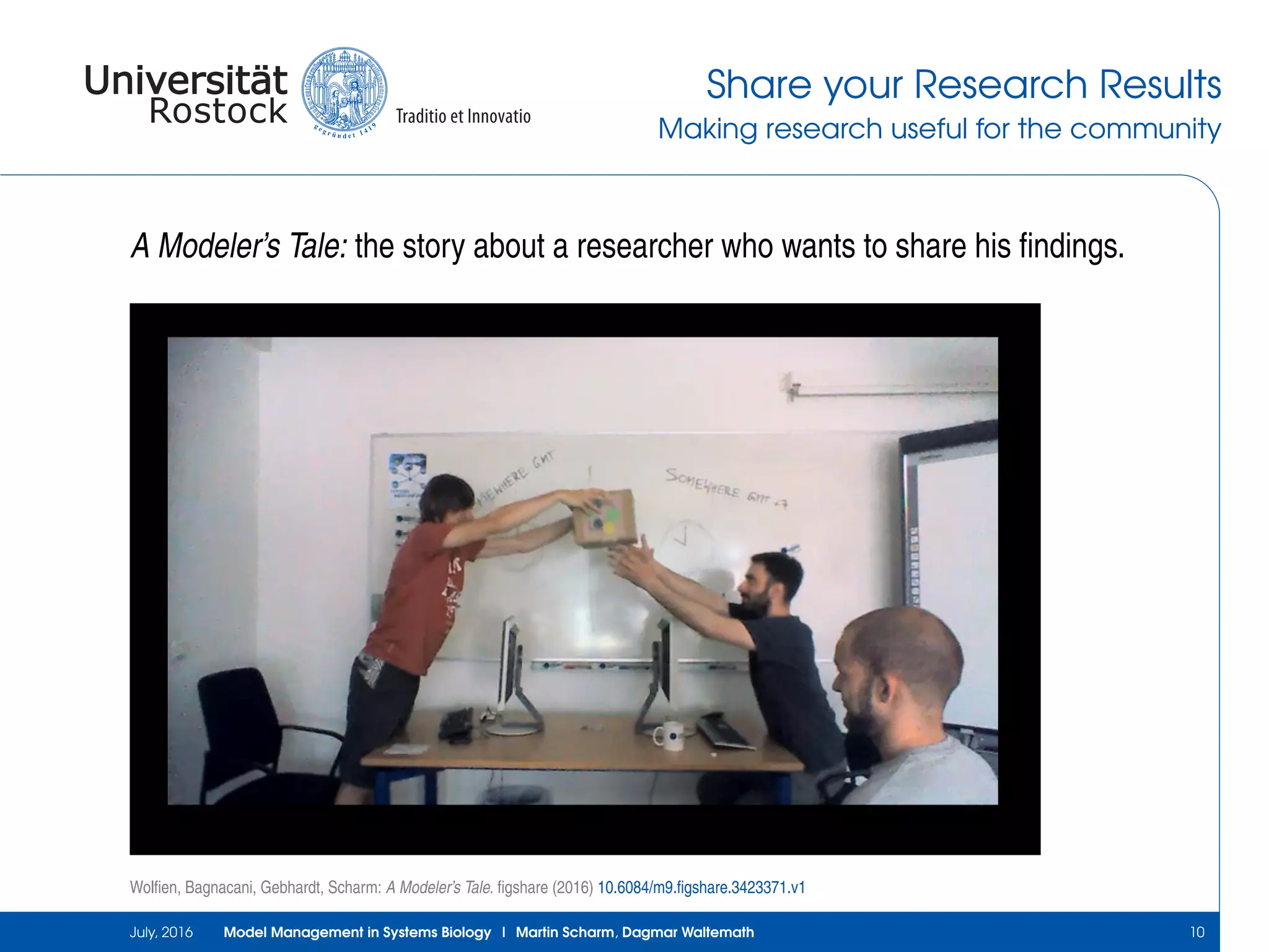 Share your Research Results
Making research useful for the community
A Modeler’s Tale: the story about a researcher who wants to share his ﬁndings.
Wolﬁen, Bagnacani, Gebhardt, Scharm: A Modeler’s Tale. ﬁgshare (2016) 10.6084/m9.ﬁgshare.3423371.v1
July, 2016 Model Management in Systems Biology | Martin Scharm, Dagmar Waltemath 10
 