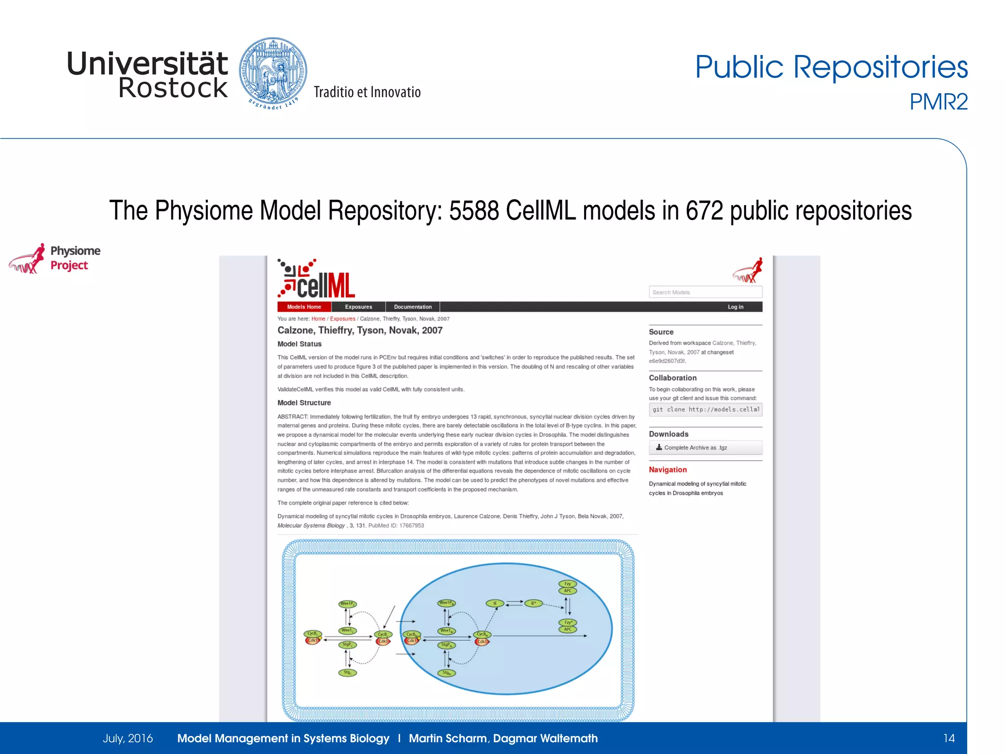 Public Repositories
PMR2
The Physiome Model Repository: 5588 CellML models in 672 public repositories
July, 2016 Model Management in Systems Biology | Martin Scharm, Dagmar Waltemath 14
 