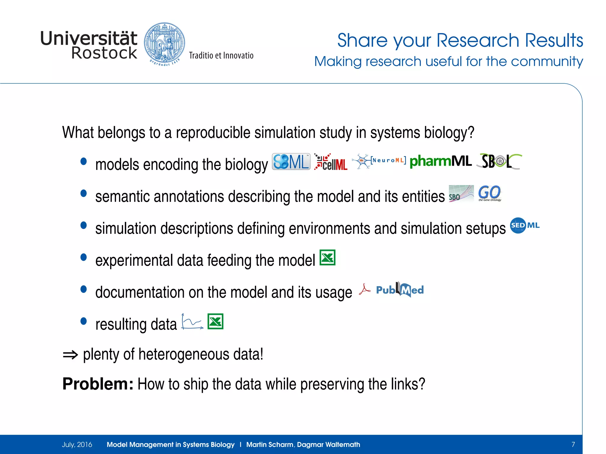 Share your Research Results
Making research useful for the community
What belongs to a reproducible simulation study in systems biology?
• models encoding the biology
TM
• semantic annotations describing the model and its entities
• simulation descriptions deﬁning environments and simulation setups MLSED
• experimental data feeding the model
• documentation on the model and its usage
• resulting data
⇒ plenty of heterogeneous data!
Problem: How to ship the data while preserving the links?
July, 2016 Model Management in Systems Biology | Martin Scharm, Dagmar Waltemath 7
 