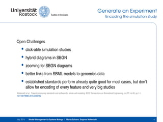 Generate an Experiment
Encoding the simulation study
Open Challenges
• click-able simulation studies
• hybrid diagrams in ...