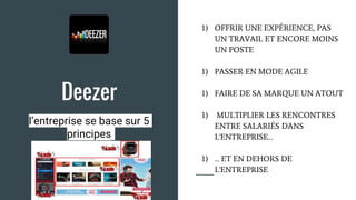 Deezer
l’entreprise se base sur 5
principes
1) OFFRIR UNE EXPÉRIENCE, PAS
UN TRAVAIL ET ENCORE MOINS
UN POSTE
1) PASSER EN MODE AGILE
1) FAIRE DE SA MARQUE UN ATOUT
1) MULTIPLIER LES RENCONTRES
ENTRE SALARIÉS DANS
L'ENTREPRISE…
1) … ET EN DEHORS DE
L'ENTREPRISE
 