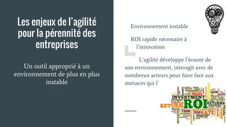 Les enjeux de l’agilité
pour la pérennité des
entreprises
Un outil approprié à un
environnement de plus en plus
instable
Environnement instable
ROI rapide nécessaire à
l’innovation
L’agilité développe l’écoute de
son environnement, interagit avec de
nombreux acteurs pour faire face aux
menaces qui l’entourent.
 