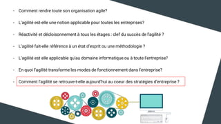 - Comment rendre toute son organisation agile?
- L’agilité est-elle une notion applicable pour toutes les entreprises?
- Réactivité et décloisonnement à tous les étages : clef du succès de l’agilité ?
- L’agilité fait-elle référence à un état d’esprit ou une méthodologie ?
- L’agilité est elle applicable qu’au domaine informatique ou à toute l’entreprise?
- En quoi l’agilité transforme les modes de fonctionnement dans l’entreprise?
- Comment l’agilité se retrouve-t-elle aujourd’hui au coeur des stratégies d’entreprise ?
 