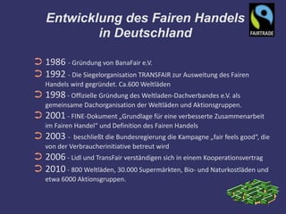 Entwicklung des Fairen Handels
           in Deutschland

➲ 1986 - Gründung von BanaFair e.V.
➲ 1992 - Die Siegelorganisation TRANSFAIR zur Ausweitung des Fairen
   Handels wird gegründet. Ca.600 Weltläden
➲ 1998 - Offizielle Gründung des Weltladen-Dachverbandes e.V. als
   gemeinsame Dachorganisation der Weltläden und Aktionsgruppen.
➲ 2001 - FINE-Dokument „Grundlage für eine verbesserte Zusammenarbeit
   im Fairen Handel“ und Definition des Fairen Handels
➲ 2003 -    beschließt die Bundesregierung die Kampagne „fair feels good“, die
   von der Verbraucherinitiative betreut wird
➲ 2006 - Lidl und TransFair verständigen sich in einem Kooperationsvertrag
➲ 2010 - 800 Weltläden, 30.000 Supermärkten, Bio- und Naturkostläden und
   etwa 6000 Aktionsgruppen.
 