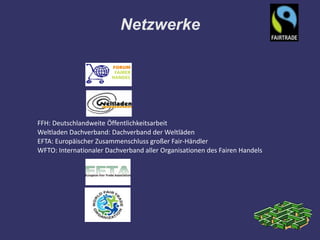 Netzwerke




FFH: Deutschlandweite Öffentlichkeitsarbeit
Weltladen Dachverband: Dachverband der Weltläden
EFTA: Europäischer Zusammenschluss großer Fair-Händler
WFTO: Internationaler Dachverband aller Organisationen des Fairen Handels
 