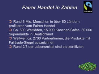 Fairer Handel in Zahlen

➲ Rund 6 Mio. Menschen in über 60 Ländern
profitieren vom Fairen Handel
➲ Ca. 800 Weltläden, 15.000 Kantinen/Cafés, 30.000
Supermärkte in Deutschland
➲ Weltweit ca. 2700 Partnerfirmen, die Produkte mit
Fairtrade-Siegel auszeichnen
➲ Rund 2/3 der Lebensmittel sind bio-zertifiziert
 