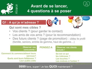 9999 fans, super ! Je fais QUOI maintenant ?
Q1 : A qui je m’adresse ?
Qui sont mes cibles ?
• Vos clients ? (pour garder le contact)
• Les amis de vos amis ? (pour la recommandation)
• Des futurs clients ? (page de promotion) : ciblez le profil
(famille, seniors, entrée de gamme, haut de gamme…)
Observer vos
concurents !
Observer vos clients
actuels !
PENSEZ A
Comment ils commercialisent leurs
services?
Quels sont leurs faiblesses ?
Leur public-cible
Qu’est ce qui
les intéresse ?
Les touches ?
Les motives à l’action ?
Source : http://yaellasry.com/
Avant de se lancer,
4 questions à se poser
 
