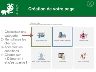 1- Choisissez une
catégorie
2- Remplissez les
champs
3- Acceptez les
conditions
4- Cliquez sur
« Démarrer »
et c’est partie !
Création de votre page
 