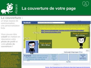 Photo de couverture
851 x 315 px
Photo de profil
180 x 180 px
A propos : Soyez bref et accrocheur
(255 charactères) n’oubliez pas de
mentionner votre site internet
Dernière
photos
mises en
ligne
Vignettes
des
applications
111 x 74 px
Condition d’utilisation Facebook
pour la couverture :
« Les couvertures sont publiques. Cela
signifie que toute personne qui accède à
votre Page peut voir votre couverture. Les
couvertures ne doivent pas prêter à
confusion ou porter atteinte aux droits
d’autrui. Vous ne devez pas encourager au
téléchargement de votre couverture sur le
profil personnel des visiteurs. Les
couvertures ne peuvent pas contenir
d’images avec plus de 20 % de texte. »
La couverture :
un large espace de
communication,
une personnalisation
forte
Vous pouvez être
créatif en mettant en
résonance votre
photo de profil et
votre photo de
couverture !
Source : http://infographicjournal.com/facebook-cheat-sheet-image-size-and-dimensions/
http://www.autreplanete.com/ap-social-media-image-maker/
http://www.picmonkey.com/
2 outils pour créer vos couvertures, photos, vignettes…
La couverture de votre page
 