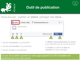 Vous pouvez : publier un statut, partager des liens...
Ce que vous publiez apparaît sur votre page apparaît sur le fil d’actualités des
personnes qui vous vous suivent
Outil de publication
1- Ajouter une photo à la publication 4- Mettez votre publication en avant
pour atteindre plus de monde (payant)
3- Ajouter un lieu à la publication
1 2 3 4 5
2- Ajouter une émotion à la publication
5- Publier ou définir la date et
l’horaire de votre message
 