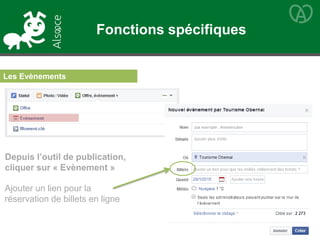 Les Evènements
Depuis l’outil de publication,
cliquer sur « Evènement »
Ajouter un lien pour la
réservation de billets en ligne
Fonctions spécifiques
 