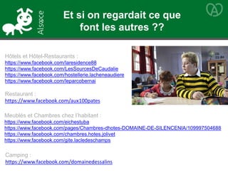 Hôtels et Hôtel-Restaurants :
https://www.facebook.com/laresidence88
https://www.facebook.com/LesSourcesDeCaudalie
https://www.facebook.com/hostellerie.lacheneaudiere
https://www.facebook.com/leparcobernai
Meublés et Chambres chez l’habitant :
https://www.facebook.com/eichestuba
https://www.facebook.com/pages/Chambres-dhotes-DOMAINE-DE-SILENCENIA/109997504688
https://www.facebook.com/chambres.hotes.jolivet
https://www.facebook.com/gite.lacledeschamps
Camping :
https://www.facebook.com/domainedessalins
Restaurant :
https://www.facebook.com/aux100pates
Et si on regardait ce que
font les autres ??
 