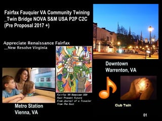 Fairfax Fauquier VA Community Twining
_Twin Bridge NOVA S&M USA P2P C2C
(Pre Proposal 2017 +)
Downtown
Warrenton, VA
Metro Station
Vienna, VA 01
 