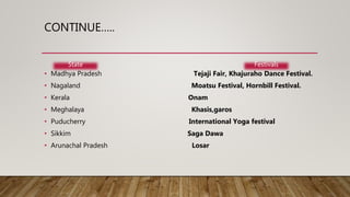 CONTINUE…..
• Madhya Pradesh Tejaji Fair, Khajuraho Dance Festival.
• Nagaland Moatsu Festival, Hornbill Festival.
• Kerala Onam
• Meghalaya Khasis,garos
• Puducherry International Yoga festival
• Sikkim Saga Dawa
• Arunachal Pradesh Losar
State Festivals
 