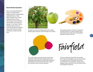 Brand Identity Inspiration
Once a successful destination
brand is articulated from
diligent research, understanding
and deliberation, it takes
flight through various visual
communications such as
advertising, printed collateral,
merchandise, web media and
signage. At the heart of these
communication assets are
twelve Brand Identity Graphics
which take the form of logos,
wordmarks, symbols and tag
lines.
An apple tree represents fruitful growth and a healthy
lifestyle. Apples represent inspired thought and creativity.
The grouping of colors in the logo is inspired by
the daubs of paint on a painter’s palette which
represents the tools of the artist and thoughtful
preparation before expression.
2.1
The circular shapes represent dancing musical notes
that fill the environment with colorful sounds. Their
overlapping blends represent connectivity, collaborative
relationships and interactive diversity. Their organic
form represents nature and free expression.
The Suomi Hand font inspired the custom letter-
forms used for the logotype. It has also been adopted
as a support font for sub-identities and special
communications. The handwritten character of the
logotype loosely represents the art of creative writing
and calligraphic expression.
 