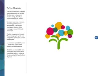 The Tree of Inspiration
The Tree of Inspiration is the key
graphic element in the Fairfield
identity suite. It represents
creative energy, diversity, a
painter’s palette, and growth.
It can also be seen as a fountain
emanating great ideas and
performances. The colorful
interlocking “leaves” of the
tree suggest connectivity and
interaction.
The font is organic and friendly.
The central graphic can be used
as a graphic signature or a stand-
alone symbol.
As an isolated symbol, it becomes
a punctuating signature for
subtle brand reinforcement.
While it is not intended be used
to introduce the Fairfield brand,
it should be used as a follow up
visual once the full logo has been
displayed.
2.2
 