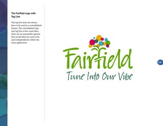 The Fairfield Logo with
Tag Line
The tag line does not always
have to be used in a consolidated
format. The consolidated logo
and tag line is best used when
there are no reasonable options
that would allow for each to be
used independently within the
same application.
2.8
 