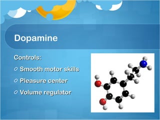 Dopamine Controls: Smooth motor skills Pleasure center Volume regulator 