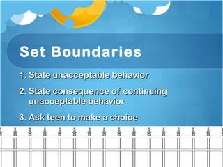 Set Boundaries State unacceptable behavior State consequence of continuing unacceptable behavior Ask teen to make a choice   