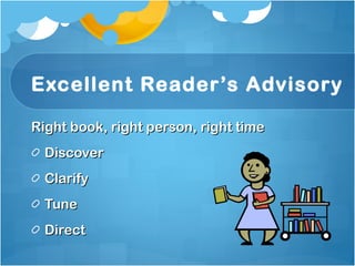 Excellent Reader’s Advisory Right book, right person, right time Discover Clarify Tune Direct 