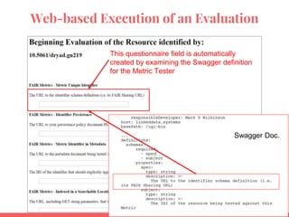Web-based Execution of an Evaluation
This questionnaire field is automatically
created by examining the Swagger definition
for the Metric Tester
Swagger Doc.
 