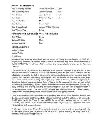 ONE-ACT PLAY WINNERS
Best Supporting Actress Thokozile Dekeda Dale
Best Supporting Actor James Burness Muir
Best Actress Josie Burness Muir
Best Actor Dylan van Vulpen Innes
Best Front of House Muir
Best Director Sunny Yoon
Best Original Script Amy de Waldon-Holmes
Best Winning Play Innes
TEACHERS WHO SUPERVISED FROM THE 3 HOUSES
Rudi Weber Innes
Barbara McMillan Muir
Jessica Hancock Dale
SOUND & LIGHTING
Joshua Urdang
Joshua Griffin
Craig Poate
Although these plays are intentionally entirely learner run, there are members of our Staff who
played vitally important background roles to enable the event to take place and we owe them a
HUGE THANK YOU for all their effort in enabling this wonderful cultural event on the Fairmont
Calendar.
First and foremost, Mrs Solomon who was once again the main organiser of the evening. It was
Mrs Solomon who had to draw up the rehearsal schedule, book the Hall, secure and liaise with the
adjudicator, arrange for the Hall to be set out to plan, design the programme, open and close the
evening, etc. She was assisted by several other members of staff: Ms Piek made the gorgeous
flower arrangement for the evening and helped judge Front of House; Mr Basson organised his
Sound and Lighting teams and judged Front of House; Mr Strydom and his team set up the Hall,
Mrs Nortier printed the programmes, and Ms Matthee ensured that all trophies were polished and
ready for the special evening, including several new trophies. We now have a trophy for each of
the above awards made on the evening.  Just one look at the faces of the children receiving
these awards on the evening shows how much they value and appreciate them.
Three staff members were responsible for supervising the House plays, providing support and
checking on progress and they had to be at every rehearsal, including all those over weekends:
Mrs McMillan (Muir), Mr Weber (Innes), and Ms Hancock (Dale). Without their support and the
hours they gave up to be at the school for the children, the plays would not be possible. Our warm
thanks to them for their commitment.
Finally, our thanks to the Parent Forum members and Mrs Sparks and her cleaning staff who
worked together to provide refreshments for the staff and guests attending the Plays. This is no
small task and was much appreciated.
 