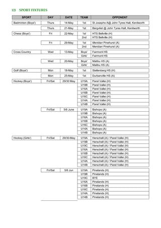 12) SPORT FIXTURES
SPORT DAY DATE TEAM OPPONENT
Badminton (Boys') Thurs 14-May 1st St Josephs A@ John Tyres Hall, Kenilworth
Thurs 21-May 1st Bergvliet @ John Tyres Hall, Kenilworth
Chess (Boys') Fri 22-May 1st HTS Bellville (H)
2nd HTS Bellville (H)
Fri 29-May 1st Meridian Pinehurst (A)
2nd Meridian Pinehurst (A)
Cross Country Wed 13-May Boys' Fairmont HS
Girls' Fairmont HS
Wed 20-May Boys' Malibu HS (A)
Girls' Malibu HS (A)
Golf (Boys') Mon 18-May 1st Stellenberg HS (H)
Mon 25-May 1st Durbanville HS (A)
Hockey (Boys') Fri/Sat 29/30 May U19A Parel Vallei (H)
U19B Parel Vallei (H)
U16A Parel Vallei (H)
U16B Parel Vallei (H)
U16C Parel Vallei (H)
U14A Parel Vallei (H)
U14B Parel Vallei (H)
Fri/Sat 5/6 June U19A Bishops (A)
U19B Bishops (A)
U16A Bishops (A)
U16B Bishops (A)
U16C Bishops (A)
U14A Bishops (A)
U14B Bishops (A)
Hockey (Girls') Fri/Sat 29/30-May U19A Herschell (A) / Parel Vallei (H)
U19B Herschell (A) / Parel Vallei (H)
U19C Herschell (A) / Parel Vallei (H)
U16A Herschell (A) / Parel Vallei (H)
U16B Herschell (A) / Parel Vallei (H)
U16C Herschell (A) / Parel Vallei (H)
U14A Herschell (A) / Parel Vallei (H)
U14B Herschell (A) / Parel Vallei (H)
Fri/Sat 5/6 Jun U19A Pinelands (H)
U19B Pinelands (H)
U19C BYE
U16A Pinelands (H)
U16B Pinelands (H)
U16C Pinelands (H)
U14A Pinelands (H)
U14B Pinelands (H)
 