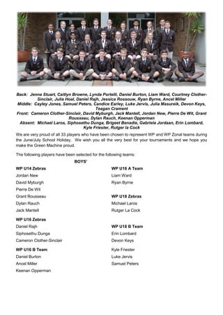 Back: Jenna Stuart, Caitlyn Browne, Lynda Portelli, Daniel Burton, Liam Ward, Courtney Clother-
Sinclair, Julia Hoal, Daniel Rajh, Jessica Rossouw, Ryan Byrne, Ancel Miller
Middle: Cayley Jones, Samuel Peters, Candice Earley, Luke Jervis, Julia Masureik, Devon Keys,
Teagan Crament
Front: Cameron Clother-Sinclair, David Myburgh, Jack Mantell, Jordan New, Pierre De Wit, Grant
Rousseau, Dylan Rauch, Keenan Opperman
Absent: Michael Laros, Siphosethu Dunga, Brigeet Benadie, Gabriela Jordaan, Erin Lombard,
Kyle Friester, Rutger la Cock
We are very proud of all 33 players who have been chosen to represent WP and WP Zonal teams during
the June/July School Holiday. We wish you all the very best for your tournaments and we hope you
make the Green Machine proud.
The following players have been selected for the following teams:
BOYS’
WP U14 Zebras WP U16 A Team
Jordan New Liam Ward
David Myburgh Ryan Byrne
Pierre De Wit
Grant Rousseau WP U18 Zebras
Dylan Rauch Michael Laros
Jack Mantell Rutger La Cock
WP U16 Zebras
Daniel Rajh WP U18 B Team
Siphosethu Dunga Erin Lombard
Cameron Clother-Sinclair Devon Keys
WP U16 B Team Kyle Friester
Daniel Burton Luke Jervis
Ancel Miller Samuel Peters
Keenan Opperman
 