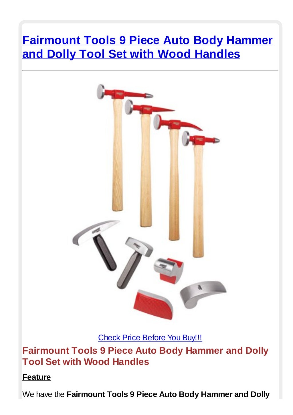 Fairmount tools 9 piece auto body hammer and dolly tool set with wood