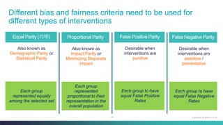 44
Equal Parity (均等)
Also known as
Demographic Parity or
Statistical Parity
Different bias and fairness criteria need to be used for
different types of interventions
Proportional Parity
Also known as
Impact Parity or
Minimizing Disparate
Impact
False Positive Parity
Desirable when
interventions are
punitive
False Negative Parity
Desirable when
interventions are
assistive /
preventative
Fairness & Ethics in AI
Each group
represented equally
among the selected set
Each group
represented
proportional to their
representation in the
overall population
Each group to have
equal False Positive
Rates
Each group to have
equal False Negative
Rates
 