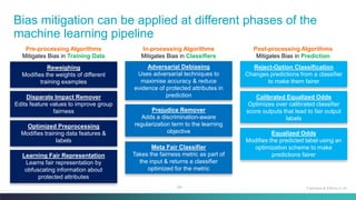 69
Bias mitigation can be applied at different phases of the
machine learning pipeline
Fairness & Ethics in AI
Reweighing
Modifies the weights of different
training examples
Disparate Impact Remover
Edits feature values to improve group
fairness
Optimized Preprocessing
Modifies training data features &
labels
Learning Fair Representation
Learns fair representation by
obfuscating information about
protected attributes
Adversarial Debiasing
Uses adversarial techniques to
maximise accuracy & reduce
evidence of protected attributes in
prediction
Prejudice Remover
Adds a discrimination-aware
regularization term to the learning
objective
Meta Fair Classifier
Takes the fairness metric as part of
the input & returns a classifier
optimized for the metric
Reject-Option Classification
Changes predictions from a classifier
to make them fairer
Calibrated Equalized Odds
Optimizes over calibrated classifier
score outputs that lead to fair output
labels
Equalized Odds
Modifies the predicted label using an
optimization scheme to make
predictions fairer
Pre-processing Algorithms
Mitigates Bias in Training Data
In-processing Algorithms
Mitigates Bias in Classifiers
Post-processing Algorithms
Mitigates Bias in Prediction
 