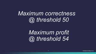 9
Maximum correctness
@ threshold 50
Maximum profit
@ threshold 54
Fairness & Ethics in AI
 