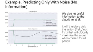 Example: Predicting OnlyWith Noise (No
Information)
We give no useful
information to the
algorithm at all.
It will therefore pick
the action (frisk / not
frisk) that will globally
maximize the score
when chosen for all
people.
 