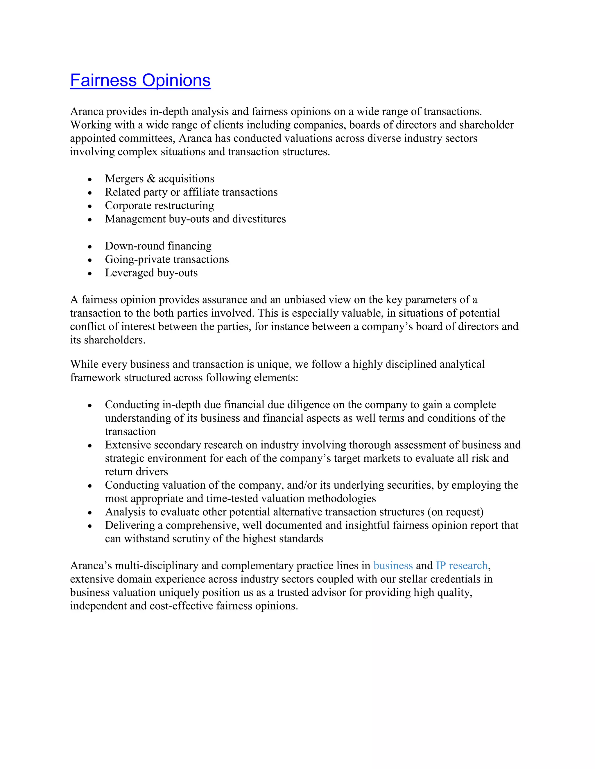 Aranca | Fairness Opinion | Valuation & Advisory Services | PDF