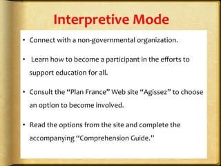 Interpretive	
  Mode	
  
•  Connect	
  with	
  a	
  non-­‐governmental	
  organization.	
  
•  	
  Learn	
  how	
  to	
  become	
  a	
  participant	
  in	
  the	
  eﬀorts	
  to	
  
support	
  education	
  for	
  all.	
  	
  
•  Consult	
  the	
  “Plan	
  France”	
  Web	
  site	
  “Agissez”	
  to	
  choose	
  
an	
  option	
  to	
  become	
  involved.	
  	
  
•  Read	
  the	
  options	
  from	
  the	
  site	
  and	
  complete	
  the	
  
accompanying	
  “Comprehension	
  Guide.”	
  
 