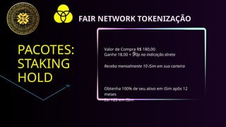 PACOTES:
STAKING
HOLD
Valor de Compra R$ 180,00
Ganhe 18,00 + 90p na indicação direta
Receba mensalmente 10 iSim em sua carteira
Obtenha 100% de seu ativo em iSim apôs 12
meses
Ex. 120 em iSim
FAIR NETWORK TOKENIZAÇÃO
 