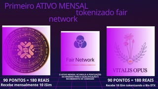 Primeiro ATIVO MENSAL
tokenizado fair
network
90 PONTOS = 180 REAIS
Recebe mensalmente 10 iSim
90 PONTOS = 180 REAIS
Recebe 18 iSim tokenizando o Bio DTX
O ATIVO MENSAL ACUMULA A PONTUAÇÃO
DO BINÁRIO PARA A QUALIFICAÇÃO E
RECEBIMENTO DE COMISSÃO
 