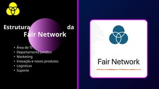 • Área de TI
• Departamento Jurídico
• Marketing
• Inovação e novos produtos
• Logisticas
• Suporte
Estrutura da
Fair Network
 