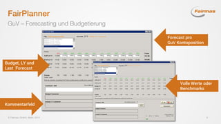  Fairmas GmbH, Berlin 2014 6
FairPlanner
GuV – Forecasting und Budgetierung
Forecast pro
GuV Kontoposition
Kommentarfeld
Budget, LY und
Last Forecast
Volle Werte oder
Benchmarks
 