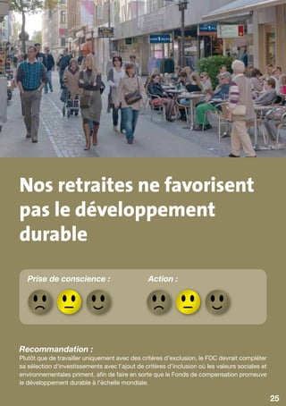 Nos retraites ne favorisent
pas le développement
durable
   Prise de conscience :                         Action :




Recommandation :
Plutôt que de travailler uniquement avec des critères d’exclusion, le FDC devrait compléter
sa sélection d‘investissements avec l’ajout de critères d’inclusion où les valeurs sociales et
environnementales priment, afin de faire en sorte que le Fonds de compensation promeuve
le développement durable à l‘échelle mondiale.

                                                                                                 25
 