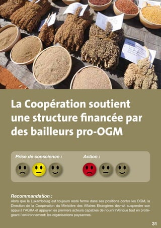 La Coopération soutient
une structure financée par
des bailleurs pro-OGM
   Prise de conscience :                       Action :




Recommandation :
Alors que le Luxembourg est toujours resté ferme dans ses positions contre les OGM, la
Direction de la Coopération du Ministère des Affaires Etrangères devrait suspendre son
appui à l‘AGRA et appuyer les premiers acteurs capables de nourrir l‘Afrique tout en proté-
geant l‘environnement: les organisations paysannes.

                                                                                              31
 