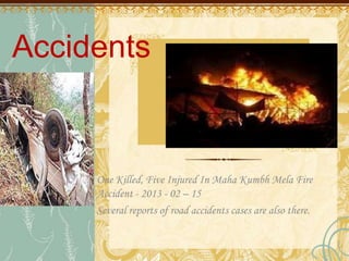 Accidents
One Killed, Five Injured In Maha Kumbh Mela Fire
Accident - 2013 - 02 – 15
Several reports of road accidents cases are also there.
 