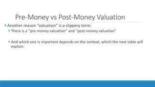 Pre-Money vs Post-Money Valuation
 Another reason “valuation” is a slippery term:
 There is a “pre-money valuation” and ...
