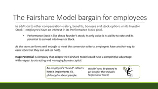 The Fairshare Model bargain for employees
In addition to other compensation--salary, benefits, bonuses and stock options on its Investor
Stock-- employees have an interest in its Performance Stock pool.
• Performance Stock is like cheap founder’s stock; its only value is its ability to vote and its
potential to convert into Investor Stock.
As the team performs well enough to meet the conversion criteria, employees have another way to
earn stock that they can sell (or hold).
Huge Potential: A company that adopts the Fairshare Model could have a competitive advantage
with respect to attracting and managing human capital.
Wouldn’t you be pleased to
get an offer that includes
Performance Stock?
An employer’s “brand” reflects
how it implements it’s
philosophy about people.
 