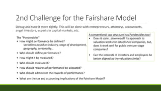 2nd Challenge for the Fairshare Model
Debug and tune it more tightly. This will be done with entrepreneurs, attorneys, accountants,
angel investors, experts in capital markets, etc.
A conventional cap structure has Ponderables too!
• Does it scale…downward? Its approach to
valuation works for established companies, but,
does it work well for public venture-stage
companies?
• Can the interests of investors and employees be
better aligned as the valuation climbs?
The “Ponderables”:
• How might performance be defined?
• Who should define performance?
• How might it be measured?
• Who should measure it?
• How should rewards of performance be allocated?
• Who should administer the rewards of performance?
• What are the tax and accounting implications of the Fairshare Model?
Variations based on industry, stage of development,
geography, personality…
 