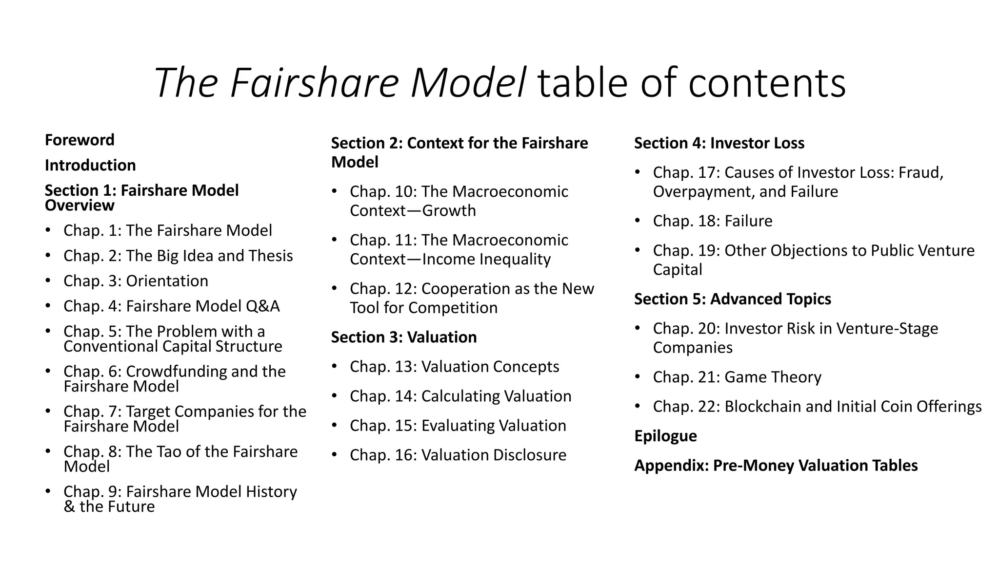 The Fairshare Model table of contents
Foreword
Introduction
Section 1: Fairshare Model
Overview
• Chap. 1: The Fairshare Model
• Chap. 2: The Big Idea and Thesis
• Chap. 3: Orientation
• Chap. 4: Fairshare Model Q&A
• Chap. 5: The Problem with a
Conventional Capital Structure
• Chap. 6: Crowdfunding and the
Fairshare Model
• Chap. 7: Target Companies for the
Fairshare Model
• Chap. 8: The Tao of the Fairshare
Model
• Chap. 9: Fairshare Model History
& the Future
Section 2: Context for the Fairshare
Model
• Chap. 10: The Macroeconomic
Context—Growth
• Chap. 11: The Macroeconomic
Context—Income Inequality
• Chap. 12: Cooperation as the New
Tool for Competition
Section 3: Valuation
• Chap. 13: Valuation Concepts
• Chap. 14: Calculating Valuation
• Chap. 15: Evaluating Valuation
• Chap. 16: Valuation Disclosure
Section 4: Investor Loss
• Chap. 17: Causes of Investor Loss: Fraud,
Overpayment, and Failure
• Chap. 18: Failure
• Chap. 19: Other Objections to Public Venture
Capital
Section 5: Advanced Topics
• Chap. 20: Investor Risk in Venture-Stage
Companies
• Chap. 21: Game Theory
• Chap. 22: Blockchain and Initial Coin Offerings
Epilogue
Appendix: Pre-Money Valuation Tables
 
