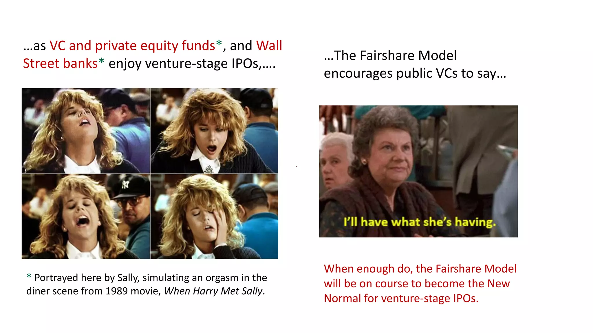 …as VC and private equity funds*, and Wall
Street banks* enjoy venture-stage IPOs,….
…The Fairshare Model
encourages public VCs to say…
* Portrayed here by Sally, simulating an orgasm in the
diner scene from 1989 movie, When Harry Met Sally.
When enough do, the Fairshare Model
will be on course to become the New
Normal for venture-stage IPOs.
 